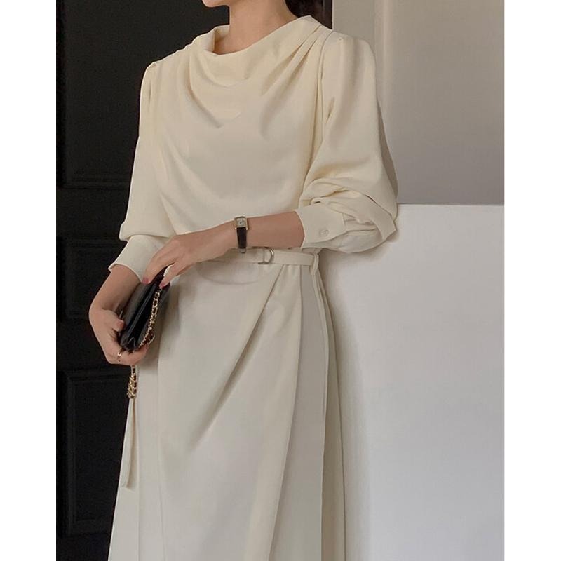 【RENA小舖 台灣現貨每天出】氣質姐姐!法式慵懶設計款不規則綁帶洋裝/連身裙/休閒/長洋裝【R22061】-細節圖4