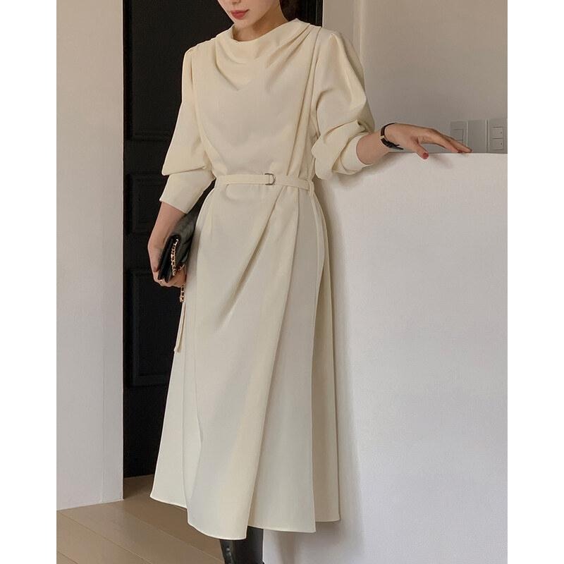 【RENA小舖 台灣現貨每天出】氣質姐姐!法式慵懶設計款不規則綁帶洋裝/連身裙/休閒/長洋裝【R22061】-細節圖5