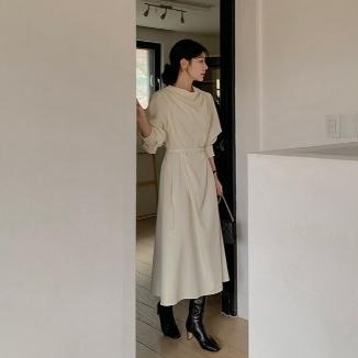 【RENA小舖 台灣現貨每天出】氣質姐姐!法式慵懶設計款不規則綁帶洋裝/連身裙/休閒/長洋裝【R22061】-細節圖6