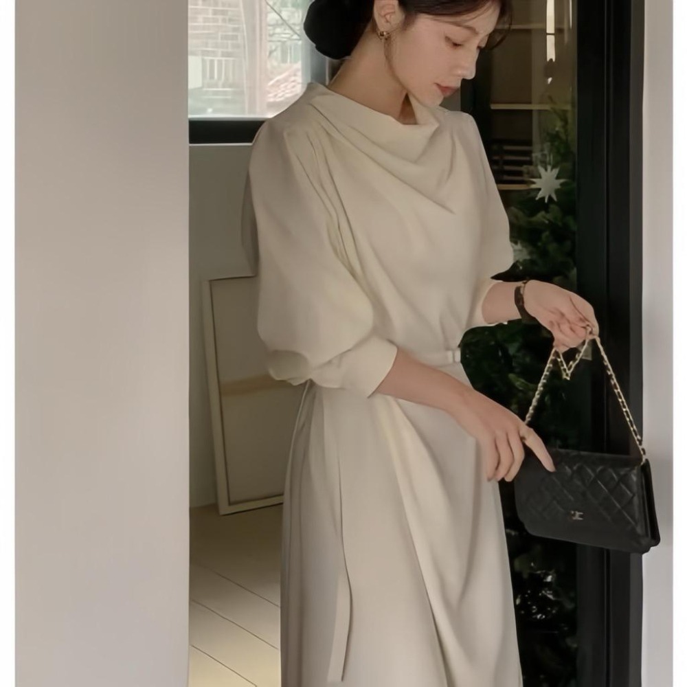 【RENA小舖 台灣現貨每天出】氣質姐姐!法式慵懶設計款不規則綁帶洋裝/連身裙/休閒/長洋裝【R22061】-細節圖7