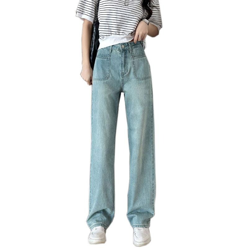 【RENA小舖 台灣現貨每天出】韓版高腰直筒牛仔褲 闊腿褲 直筒牛仔褲 高腰 拖地褲 百搭 休閒【R21766】-細節圖2