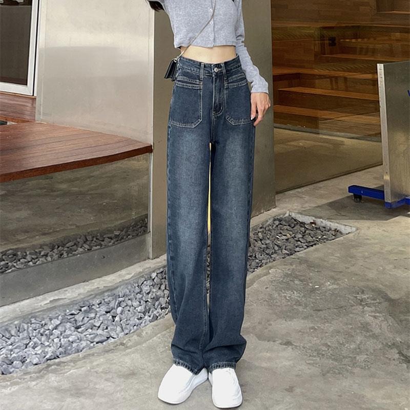 【RENA小舖 台灣現貨每天出】韓版高腰直筒牛仔褲 闊腿褲 直筒牛仔褲 高腰 拖地褲 百搭 休閒【R21766】-細節圖3