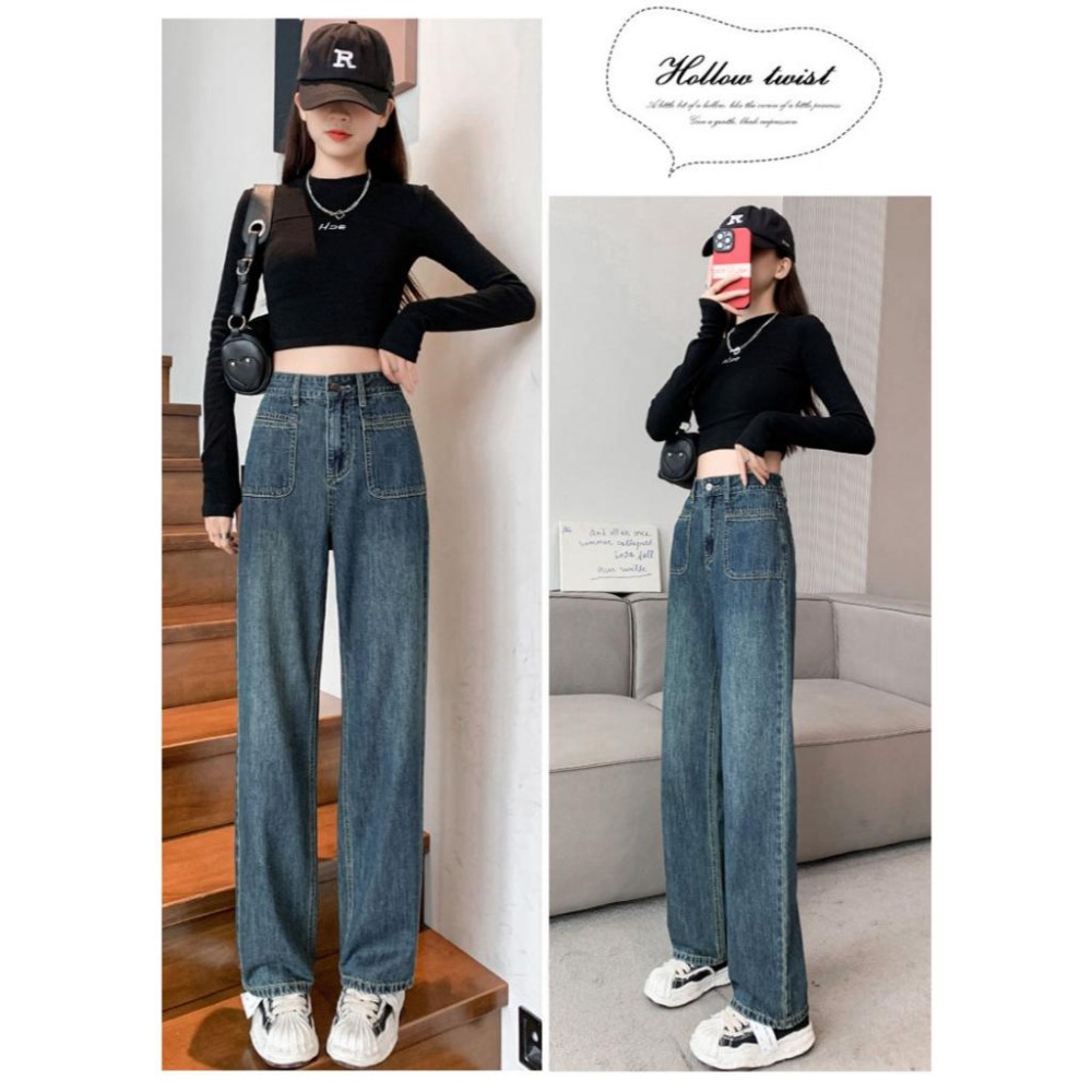 【RENA小舖 台灣現貨每天出】韓版高腰直筒牛仔褲 闊腿褲 直筒牛仔褲 高腰 拖地褲 百搭 休閒【R21766】-細節圖5