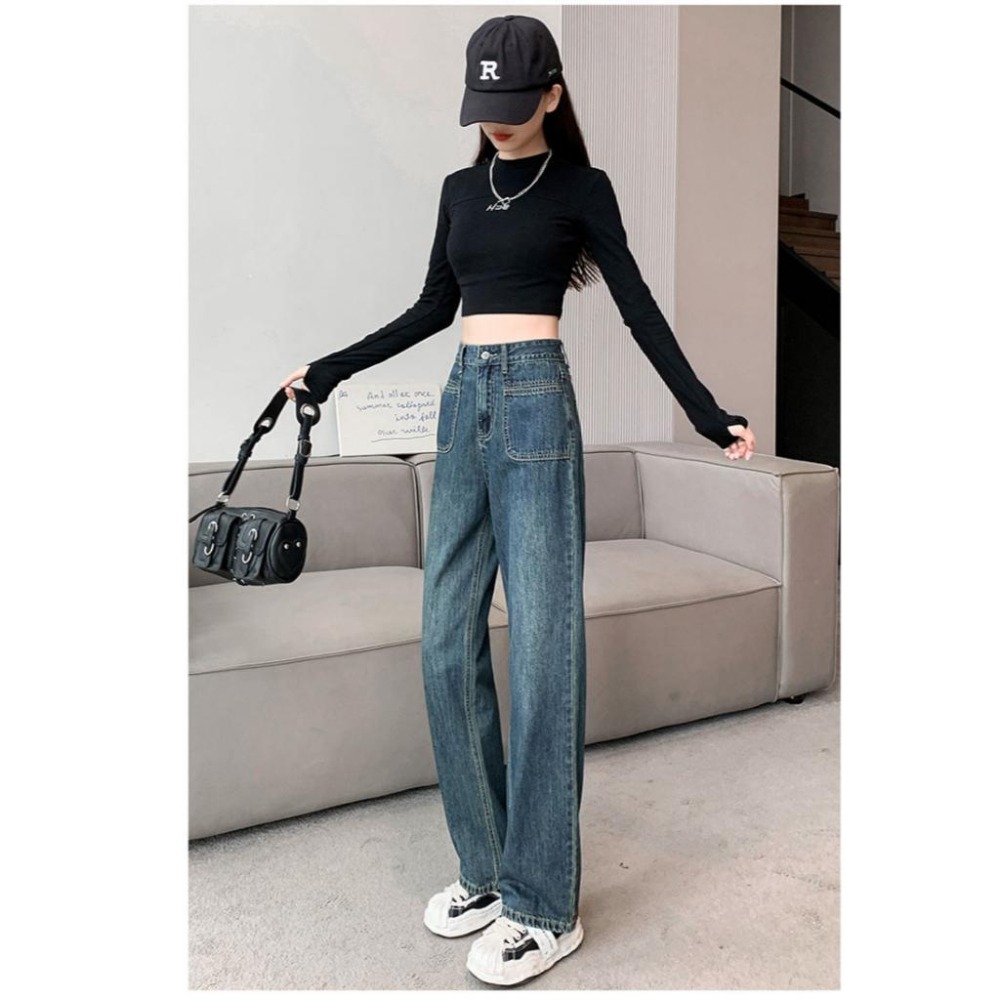 【RENA小舖 台灣現貨每天出】韓版高腰直筒牛仔褲 闊腿褲 直筒牛仔褲 高腰 拖地褲 百搭 休閒【R21766】-細節圖8