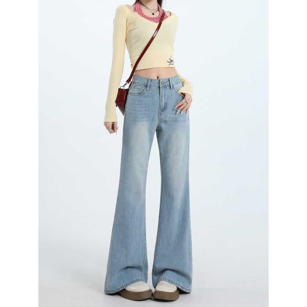 【RENA小舖 台灣現貨每天出】淺藍微喇叭中腰顯瘦牛仔褲/不貼腿/韓系/修身/牛仔褲【R22038】-細節圖2