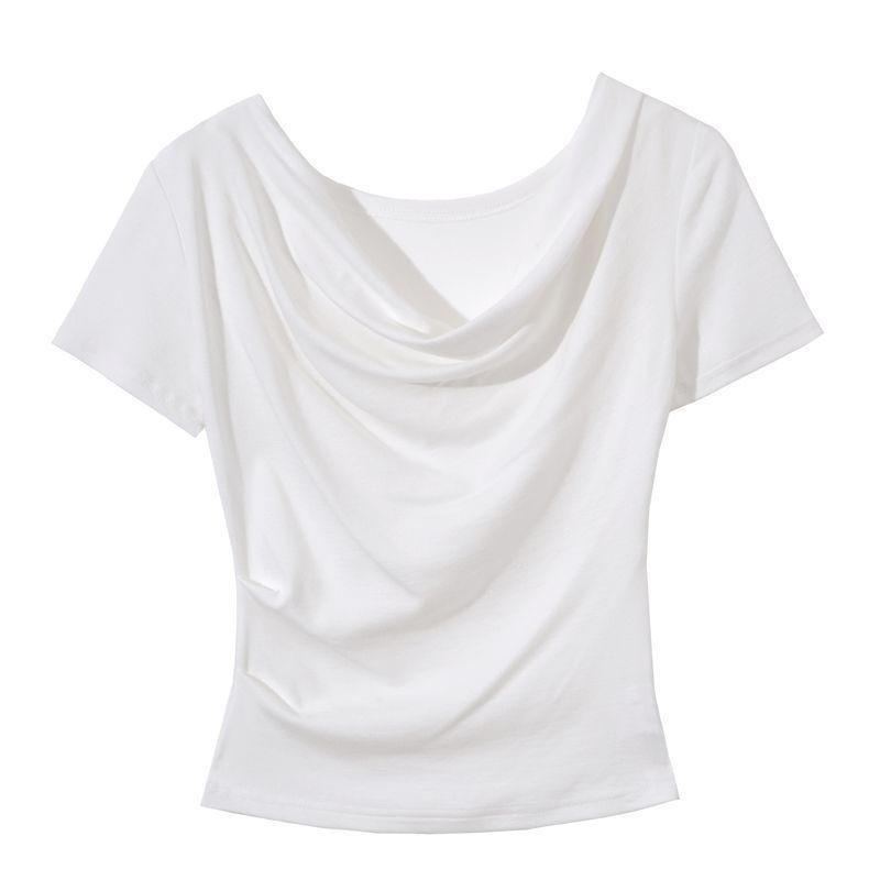 【RENA小舖 台灣現貨每天出】露肩短袖/一字肩短袖/抓皺短袖/小性感/收腰顯瘦/氣質/甜美【R22012】-細節圖5