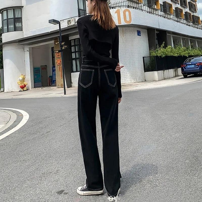 【RENA小舖 台灣現貨每天出】丹寧褲 直筒褲 寬褲 素色休閒褲 港風寬鬆直筒拖地褲 闊腿褲 百搭【R21718】-細節圖6