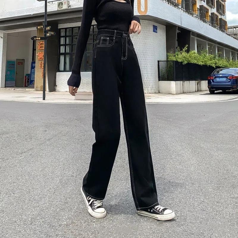 【RENA小舖 台灣現貨每天出】丹寧褲 直筒褲 寬褲 素色休閒褲 港風寬鬆直筒拖地褲 闊腿褲 百搭【R21718】-細節圖8