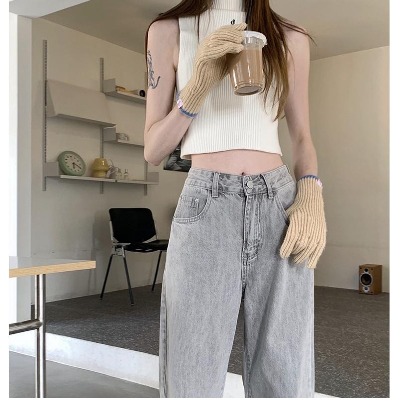 【RENA小舖 台灣現貨每天出】超顯長腿妹妹🍦｜刷白煙灰高腰牛仔長褲_顯瘦/百搭/煙灰色/牛仔褲【R20017】-細節圖6