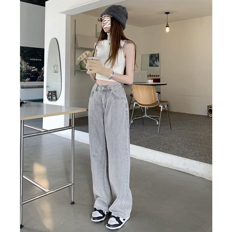 【RENA小舖 台灣現貨每天出】超顯長腿妹妹🍦｜刷白煙灰高腰牛仔長褲_顯瘦/百搭/煙灰色/牛仔褲【R20017】-細節圖8