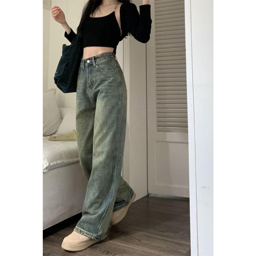 【RENA小舖 台灣現貨每天出】復古做舊高腰顯瘦牛仔褲 拖地褲 牛仔褲 顯瘦 高腰 韓版【R21699】-細節圖6