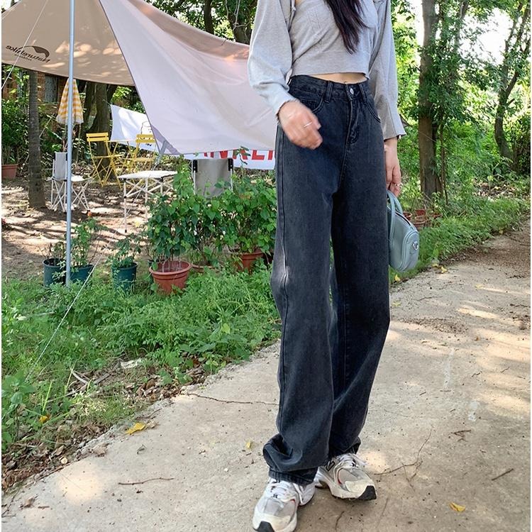 【RENA小舖 台灣現貨每天出】修飾梨型身材🍐｜煙黑落地牛仔褲_復古/個性/百搭/長褲/牛仔褲【R18926】-細節圖2