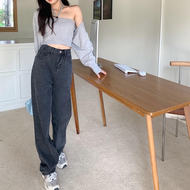 【RENA小舖 台灣現貨每天出】修飾梨型身材🍐｜煙黑落地牛仔褲_復古/個性/百搭/長褲/牛仔褲【R18926】-細節圖3