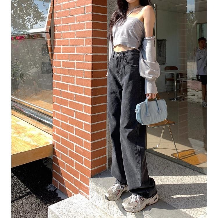 【RENA小舖 台灣現貨每天出】修飾梨型身材🍐｜煙黑落地牛仔褲_復古/個性/百搭/長褲/牛仔褲【R18926】-細節圖5