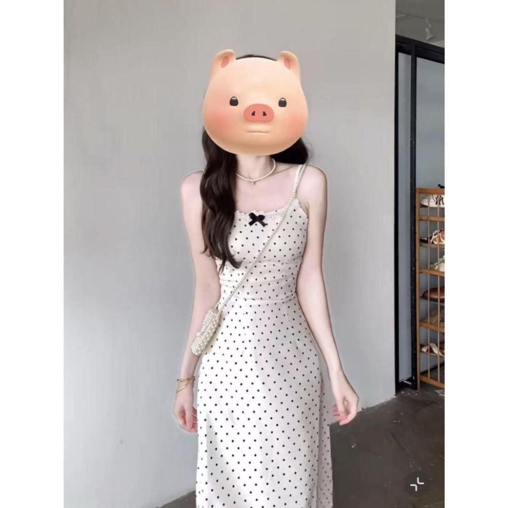 【RENA小舖 台灣現貨每天出】韓系蝴蝶結/波點連身裙/氣質吊帶洋裝/吊帶連身裙/洋裝【R21978】-細節圖2