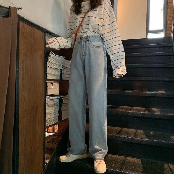 【RENA小舖 台灣現貨每天出】淺色落地牛仔長褲_百搭/寬鬆/高腰/直筒褲/長褲/牛仔長褲【R15051】-細節圖8