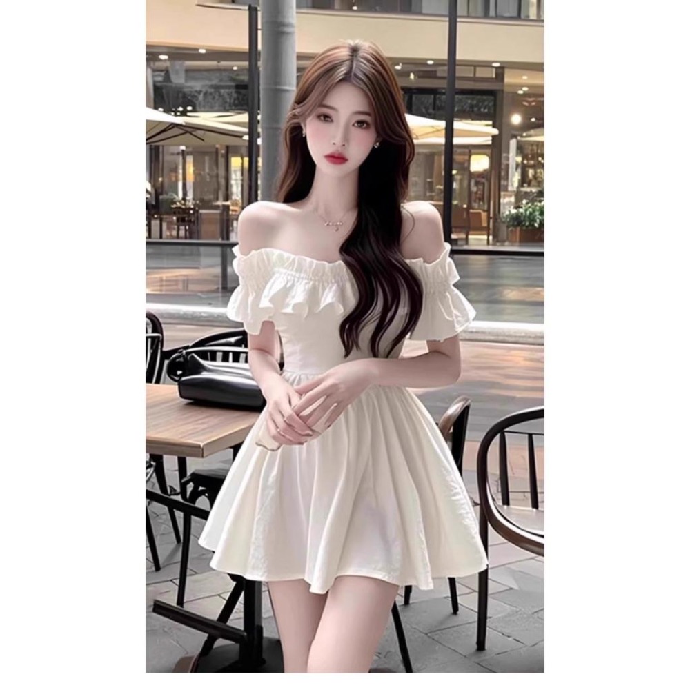 【RENA小舖 台灣現貨每天出】一字肩洋裝/露肩洋裝/短袖洋裝/氣質洋裝/甜美洋裝/露肩連衣裙【R21965】-細節圖2