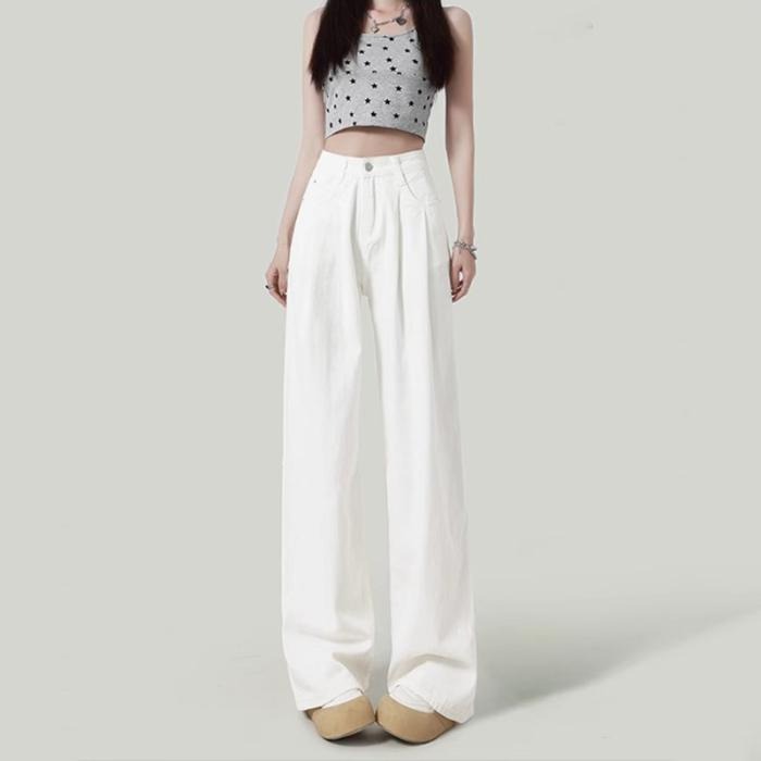 【RENA小舖 台灣現貨每天出】高腰寬鬆牛仔褲/寬褲/素色/顯瘦/高腰/卡其/白色牛仔褲/牛仔長褲【R21886】-細節圖4