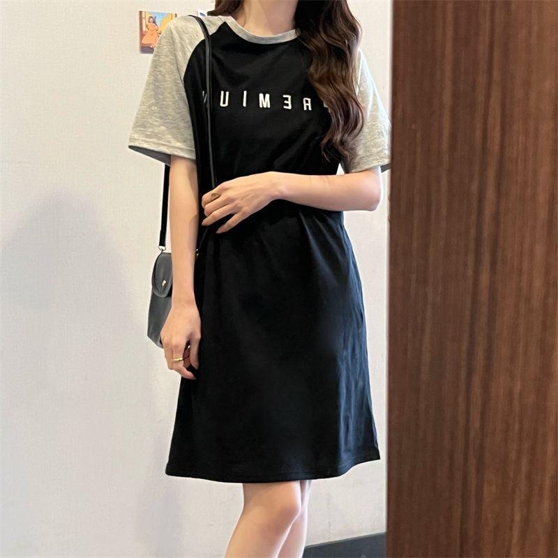 【RENA小舖 台灣現貨每天出】短袖連身裙/韓版字母/夏季/撞色連衣裙/寬鬆洋裝/上衣女/女裝【R21905-細節圖3