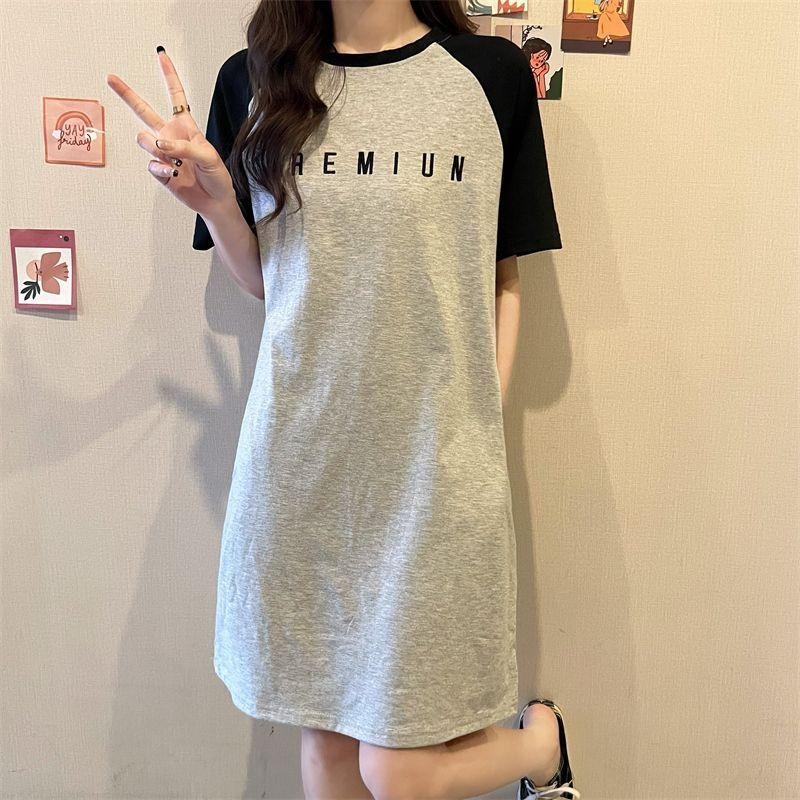 【RENA小舖 台灣現貨每天出】短袖連身裙/韓版字母/夏季/撞色連衣裙/寬鬆洋裝/上衣女/女裝【R21905-細節圖4