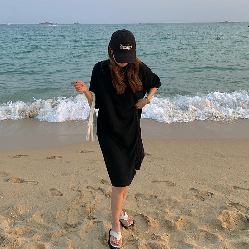 【RENA小舖 台灣現貨每天出】韓版短袖連身裙/純棉包領連衣裙/素色連身裙/寬鬆短袖中長款【R21912】-細節圖2