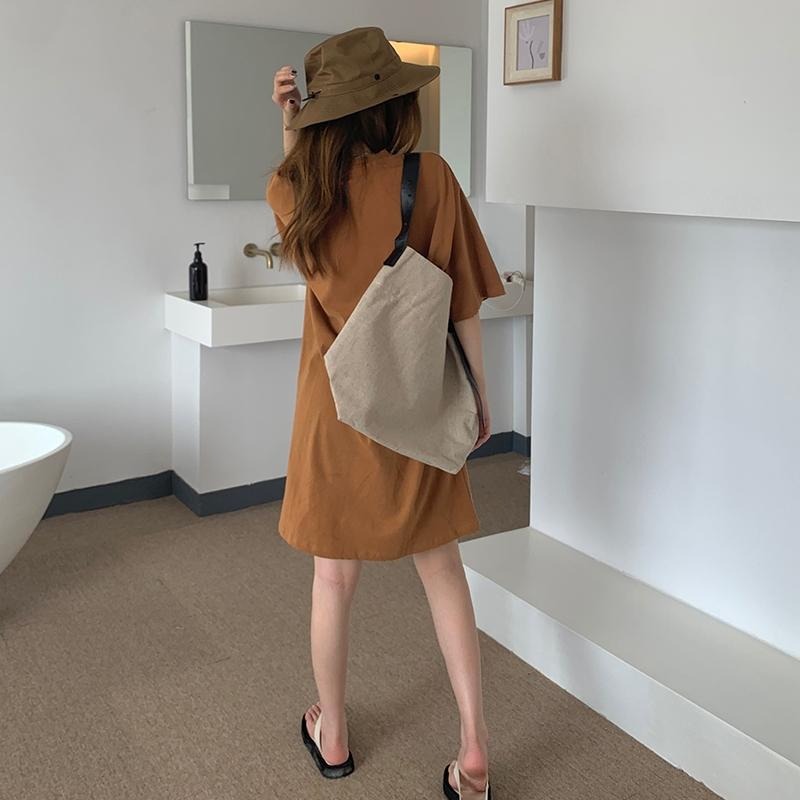 【RENA小舖 台灣現貨每天出】韓版短袖連身裙/純棉包領連衣裙/素色連身裙/寬鬆短袖中長款【R21912】-細節圖3