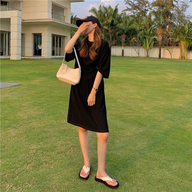 【RENA小舖 台灣現貨每天出】韓版短袖連身裙/純棉包領連衣裙/素色連身裙/寬鬆短袖中長款【R21912】-細節圖7