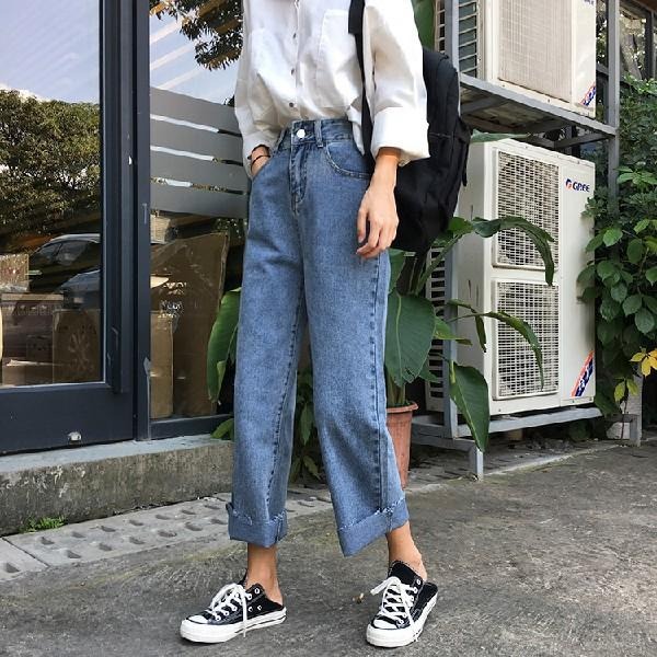 【RENA小舖 台灣現貨每天出】高腰直筒百搭牛仔九分褲/水洗/顯瘦/筒簡約/復古/做舊/褲腳撕邊【R14996】-細節圖6