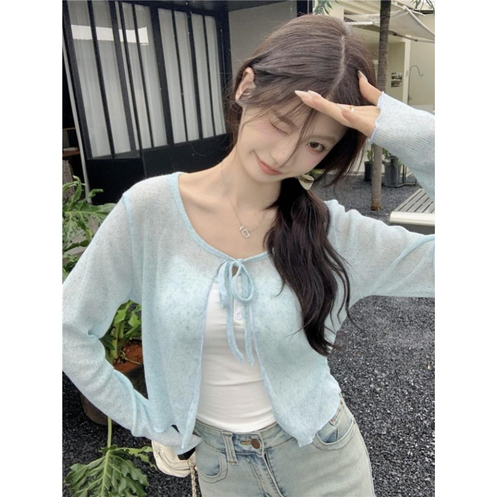 【RENA小舖 台灣現貨每天出】綁帶薄款罩衫/防曬外套/韓系穿搭夏天/短版外套/披肩/泡泡袖【R21794】-細節圖2