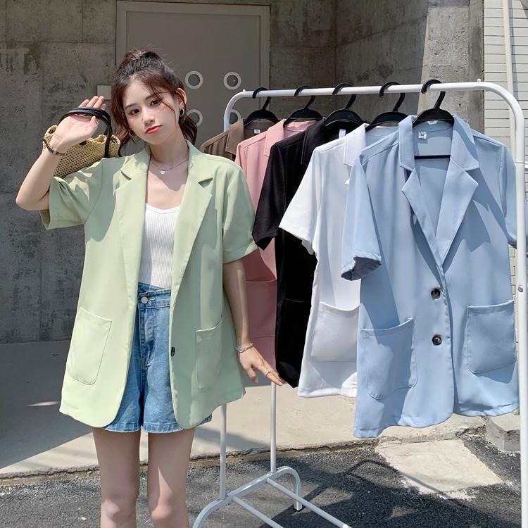 【RENA小舖 台灣現貨每天出】短西裝外套 夏季休閒西服 短袖西裝外套女 長版寬鬆韓版氣質西服【R21733】-細節圖2