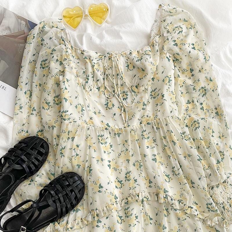 【RENA小舖 台灣現貨每天出】碎花小個子連衣裙/法式/方領/春秋/氣質/休閒/公主/韓妞【R19849】-細節圖2