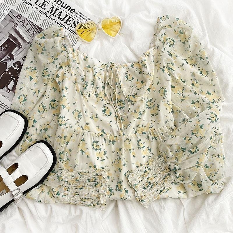 【RENA小舖 台灣現貨每天出】碎花小個子連衣裙/法式/方領/春秋/氣質/休閒/公主/韓妞【R19849】-細節圖3