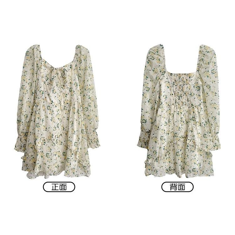 【RENA小舖 台灣現貨每天出】碎花小個子連衣裙/法式/方領/春秋/氣質/休閒/公主/韓妞【R19849】-細節圖4