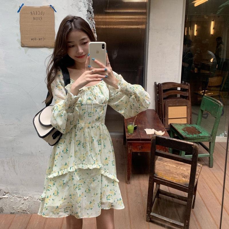 【RENA小舖 台灣現貨每天出】碎花小個子連衣裙/法式/方領/春秋/氣質/休閒/公主/韓妞【R19849】-細節圖6