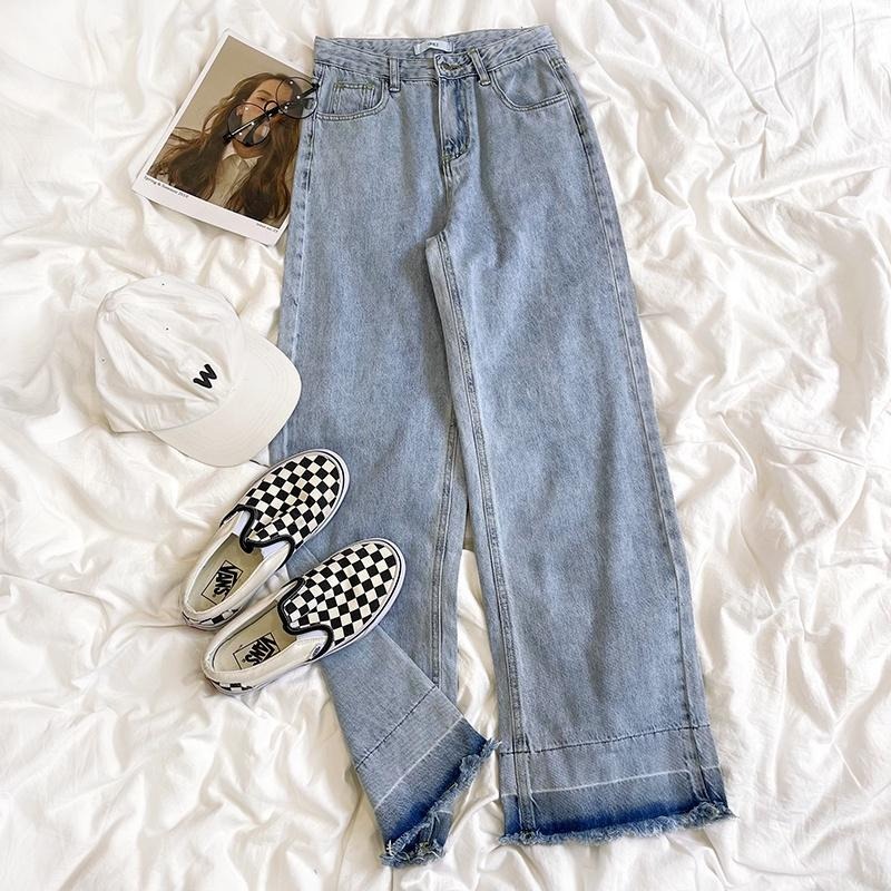 【RENA小舖 台灣現貨每天出】復古高腰闊腿牛仔長褲/做舊/百搭/水洗/顯瘦/拼色流蘇【R19902】-細節圖2