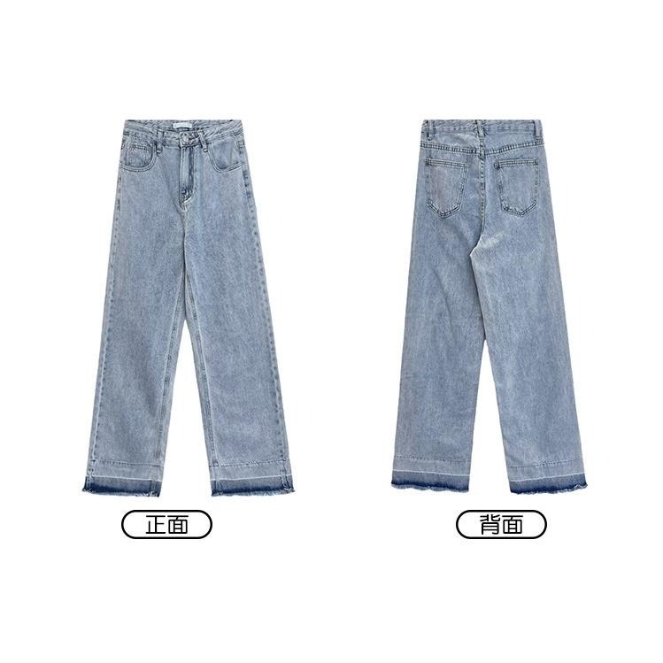 【RENA小舖 台灣現貨每天出】復古高腰闊腿牛仔長褲/做舊/百搭/水洗/顯瘦/拼色流蘇【R19902】-細節圖3