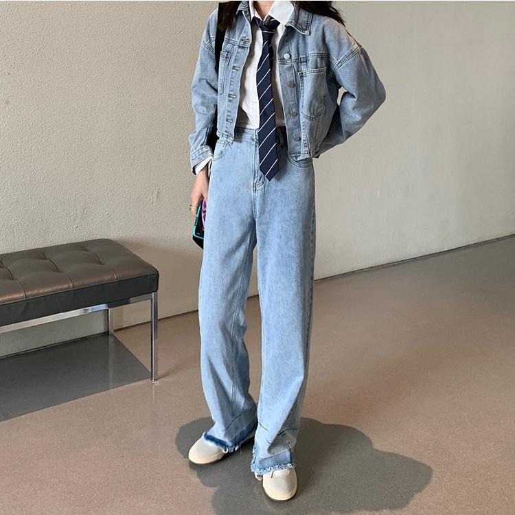 【RENA小舖 台灣現貨每天出】復古高腰闊腿牛仔長褲/做舊/百搭/水洗/顯瘦/拼色流蘇【R19902】-細節圖5