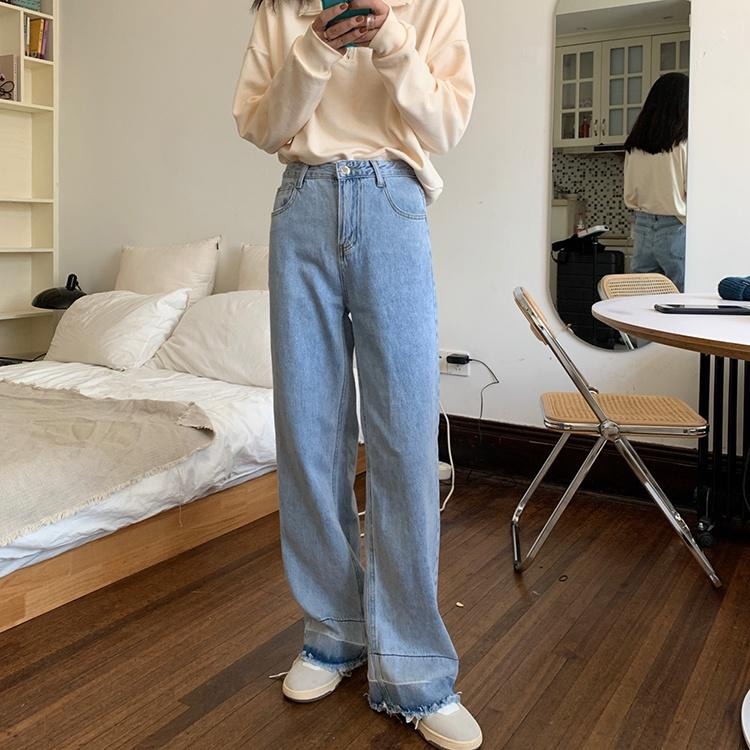【RENA小舖 台灣現貨每天出】復古高腰闊腿牛仔長褲/做舊/百搭/水洗/顯瘦/拼色流蘇【R19902】-細節圖6