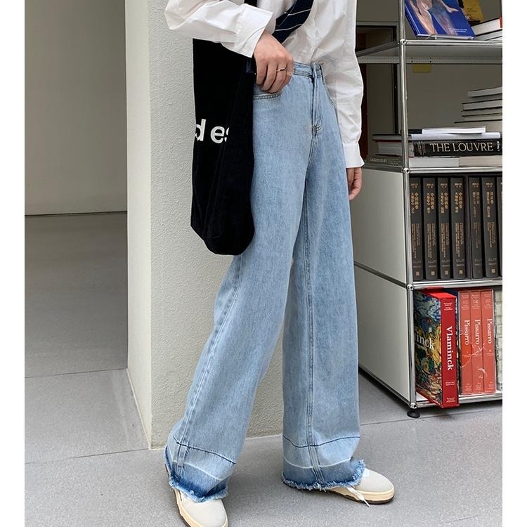 【RENA小舖 台灣現貨每天出】復古高腰闊腿牛仔長褲/做舊/百搭/水洗/顯瘦/拼色流蘇【R19902】-細節圖7