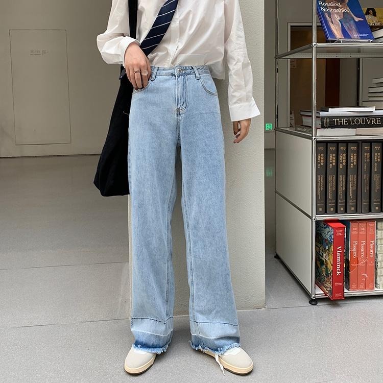 【RENA小舖 台灣現貨每天出】復古高腰闊腿牛仔長褲/做舊/百搭/水洗/顯瘦/拼色流蘇【R19902】-細節圖8