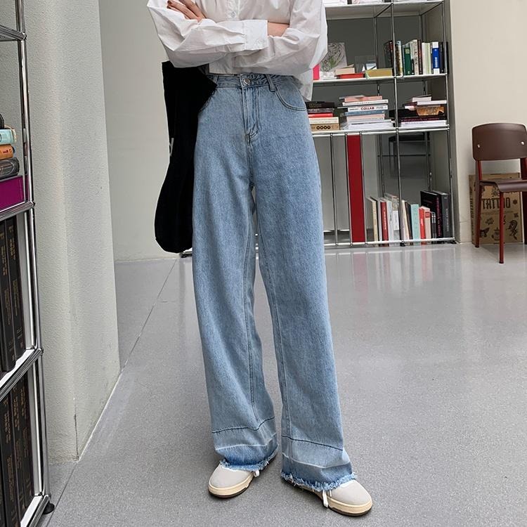 【RENA小舖 台灣現貨每天出】復古高腰闊腿牛仔長褲/做舊/百搭/水洗/顯瘦/拼色流蘇【R19902】-細節圖9