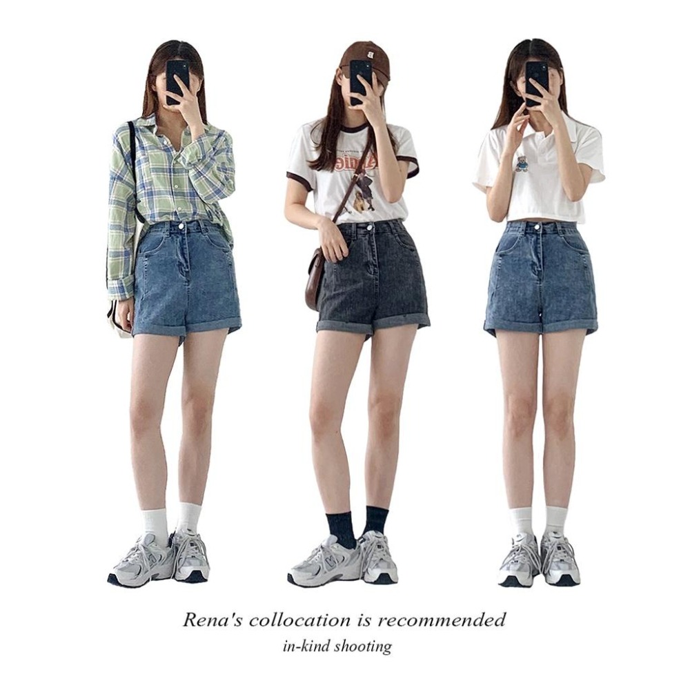 【RENA小舖 台灣現貨每天出】鬆緊高腰捲邊直筒牛仔褲夏季薄款簡約百搭外穿A字顯瘦短褲【R18574】-細節圖4