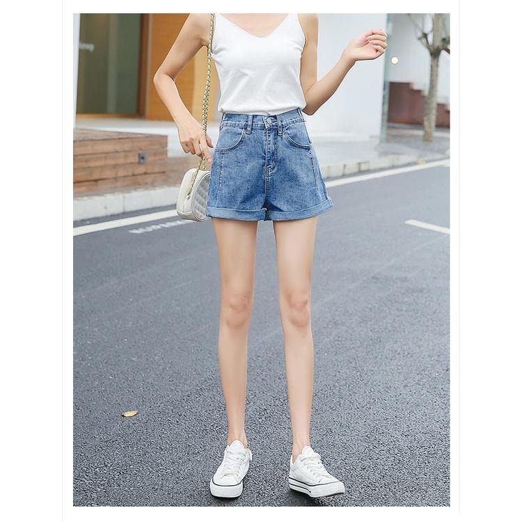 【RENA小舖 台灣現貨每天出】鬆緊高腰捲邊直筒牛仔褲夏季薄款簡約百搭外穿A字顯瘦短褲【R18574】-細節圖6