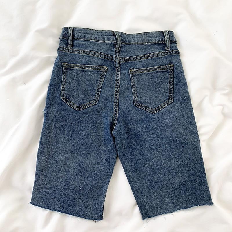 【RENA小舖 台灣現貨每天出】港風酷少女穿搭大腿割破設計高腰彈力修身顯瘦五分褲牛仔短褲【R15673】-細節圖2