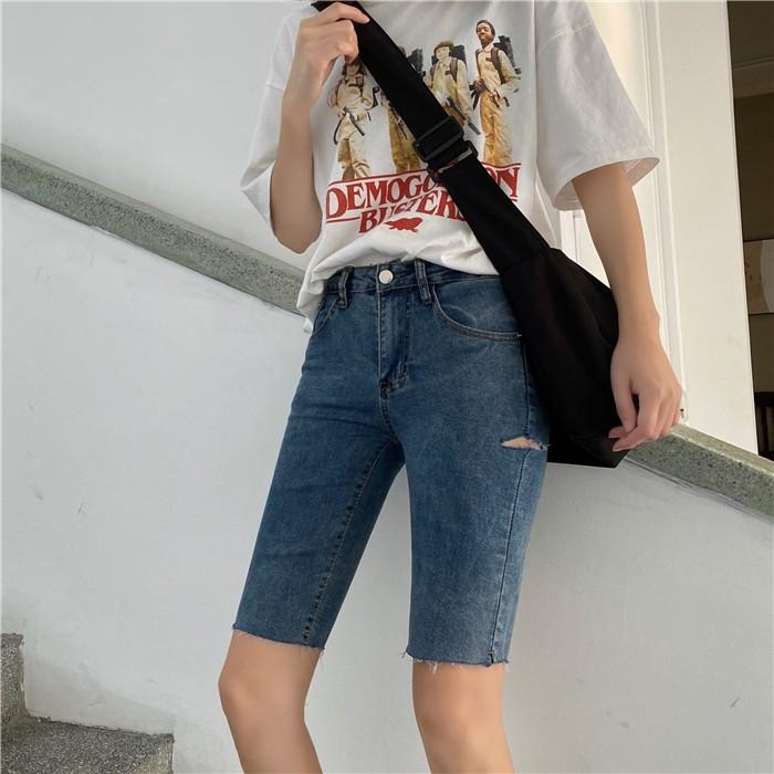 【RENA小舖 台灣現貨每天出】港風酷少女穿搭大腿割破設計高腰彈力修身顯瘦五分褲牛仔短褲【R15673】-細節圖3