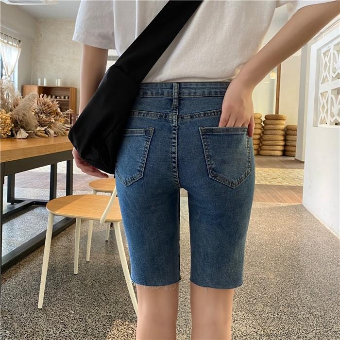 【RENA小舖 台灣現貨每天出】港風酷少女穿搭大腿割破設計高腰彈力修身顯瘦五分褲牛仔短褲【R15673】-細節圖4