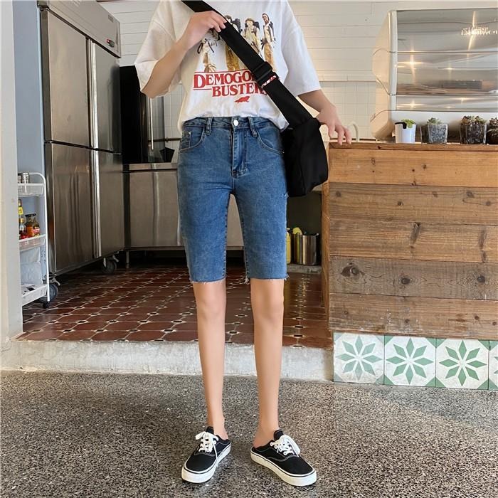 【RENA小舖 台灣現貨每天出】港風酷少女穿搭大腿割破設計高腰彈力修身顯瘦五分褲牛仔短褲【R15673】-細節圖5