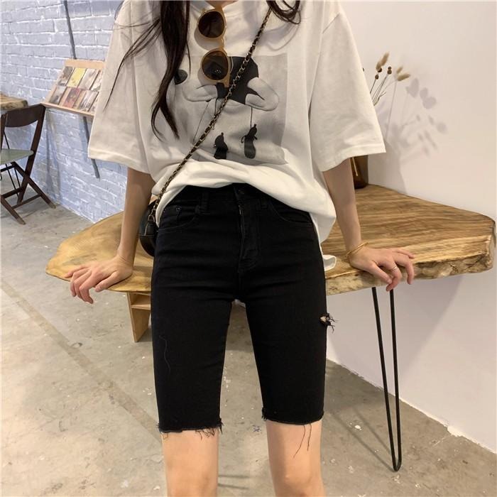【RENA小舖 台灣現貨每天出】港風酷少女穿搭大腿割破設計高腰彈力修身顯瘦五分褲牛仔短褲【R15673】-細節圖6