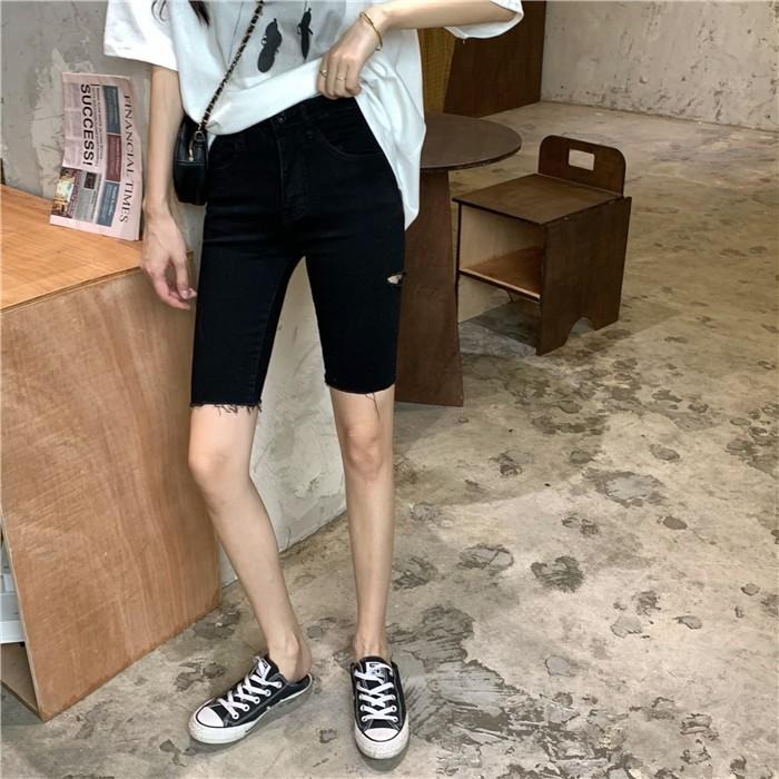 【RENA小舖 台灣現貨每天出】港風酷少女穿搭大腿割破設計高腰彈力修身顯瘦五分褲牛仔短褲【R15673】-細節圖7