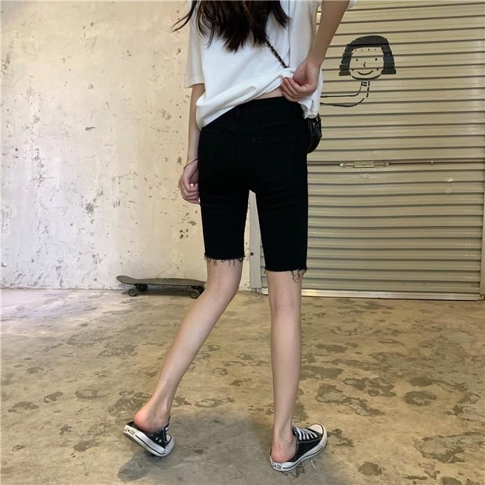 【RENA小舖 台灣現貨每天出】港風酷少女穿搭大腿割破設計高腰彈力修身顯瘦五分褲牛仔短褲【R15673】-細節圖8